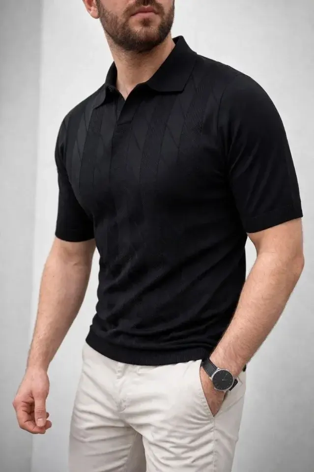 Erkek Yazlık Triko Dokuma Tişört Kısa Kol Polo Yaka T-Shirt - Siyah
