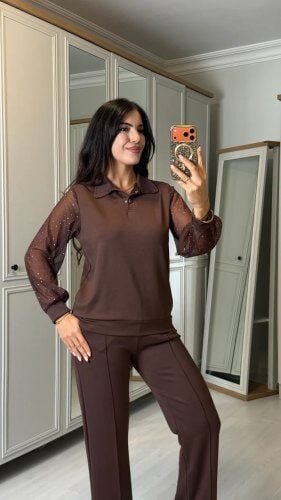 Kolları Taşlı Tül Detaylı İkili Takım