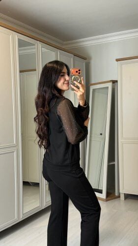 Kolları Taşlı Tül Detaylı İkili Takım
