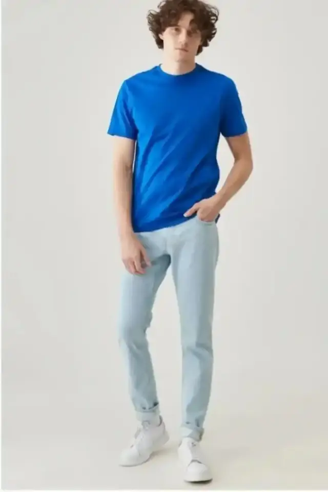 Erkek Düz Penye Tişört Bisiklet Yaka Kısa Kol Regular Fit T-Shirt - Mavi