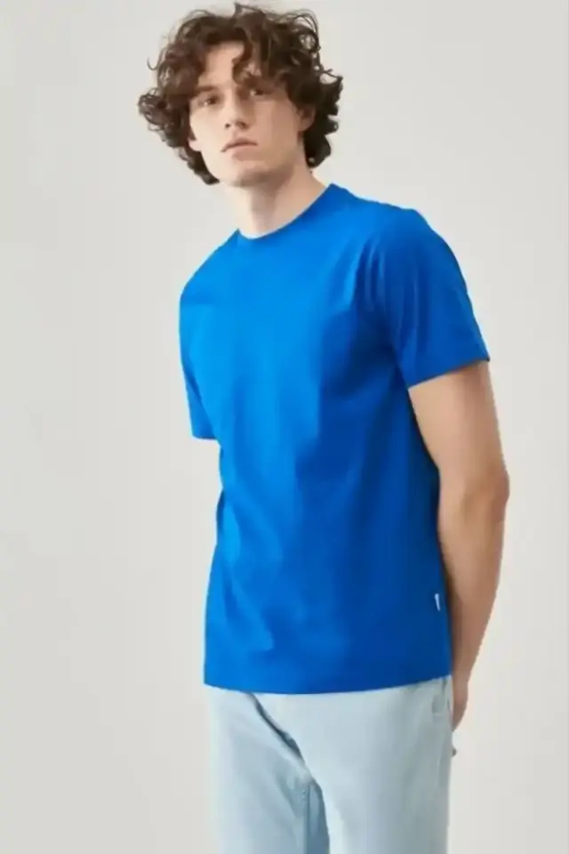 Erkek Düz Penye Tişört Bisiklet Yaka Kısa Kol Regular Fit T-Shirt - Mavi