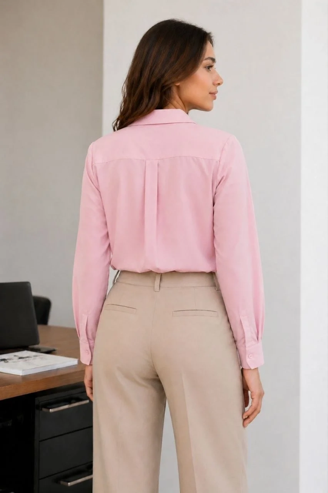 Kadın Uzun Kol Gömlek Düğmeli Klasik Yaka Günlük ve Ofis Şıklığına uygun - Toz Pembe