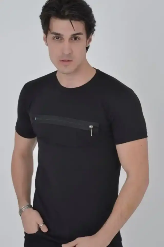 Erkek Gögüs Fermuarlı T-Shirt Kısa Kol Bisiklet Yaka Slimfit Tişört - Siyah