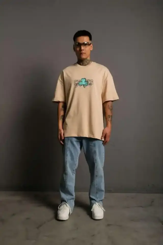 Erkek Kısa Kol Yazlık Tişört Bisiklet Yaka Baskılı Oversize T-Shirt - Bej