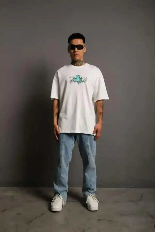 Erkek Kısa Kol Yazlık Tişört Bisiklet Yaka Baskılı Oversize T-Shirt - Beyaz