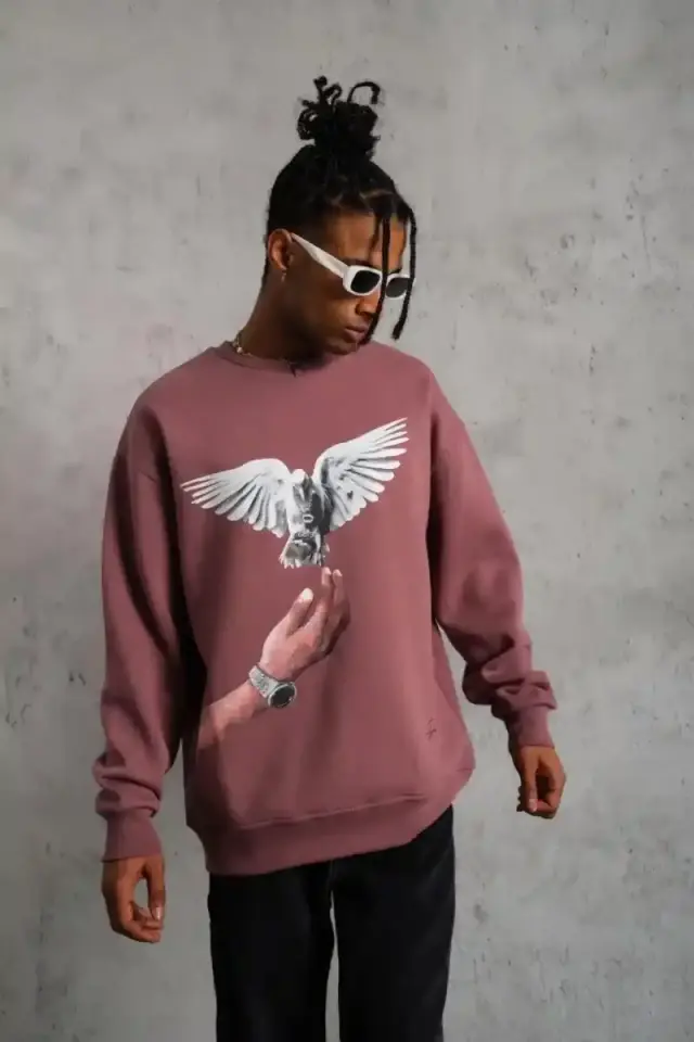 Erkek Güvercin Baskılı Bisiklet Yaka Sweatshirt 3 iplik pamuklu - Gül Kurusu