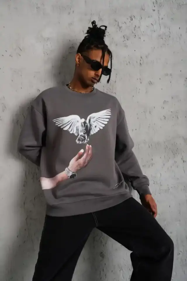 Erkek Güvercin Baskılı 3 iplik pamuklu Bisiklet Yaka Sweatshirt - Gri