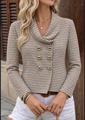 Ekose Desenli Kruvaze Blazer Ceket