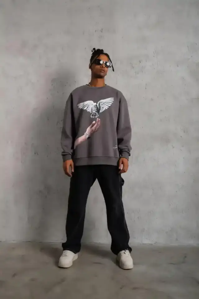 Erkek Güvercin Baskılı 3 iplik pamuklu Bisiklet Yaka Sweatshirt - Gri