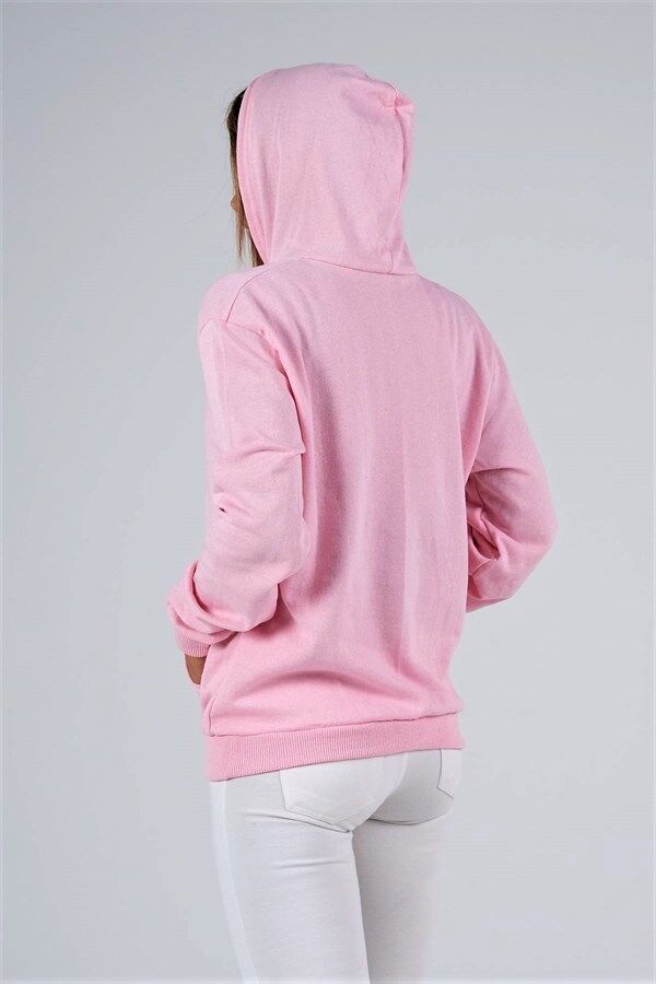 Pembe Kapüşonlu Kanguru Cepli Şardonlu Sweatshirt