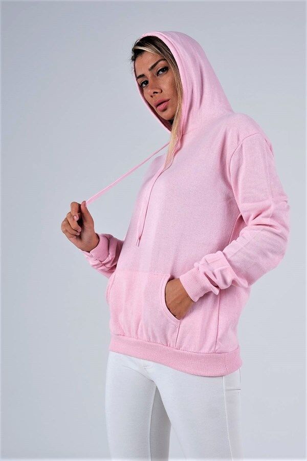 Pembe Kapüşonlu Kanguru Cepli Şardonlu Sweatshirt