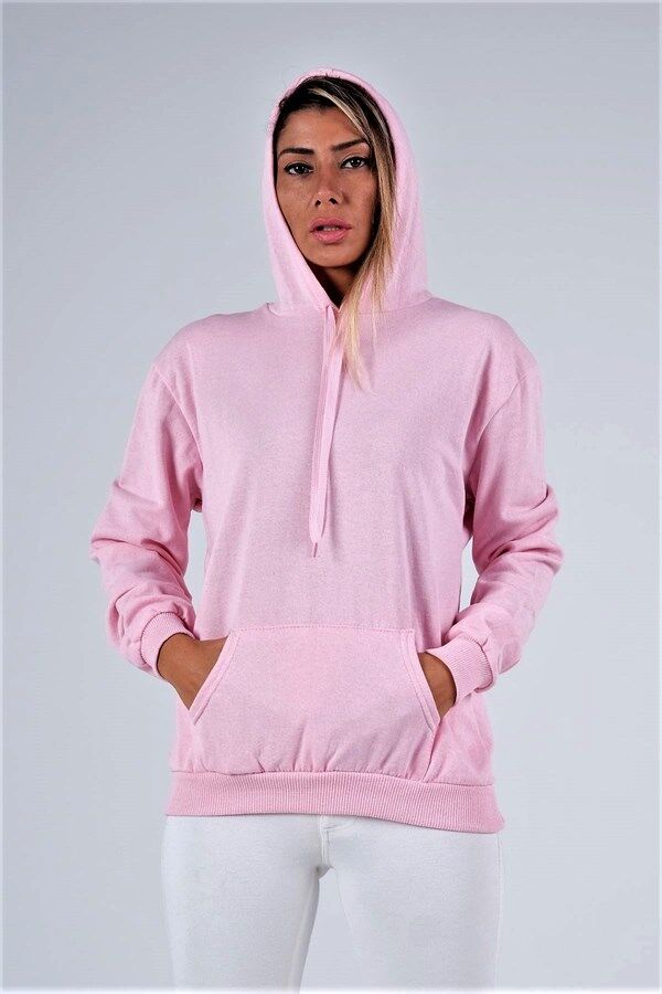Pembe Kapüşonlu Kanguru Cepli Şardonlu Sweatshirt