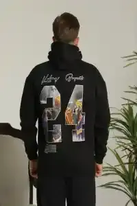 Erkek 3 İplik Pamuklu Kapüşonlu Baskılı Cepli Oversize Sweatshirt Hoodie - Siyah