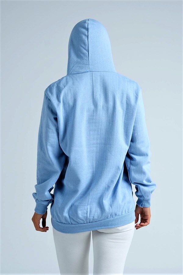 Mavi Kapüşonlu Kanguru Cepli Şardonlu Sweatshirt
