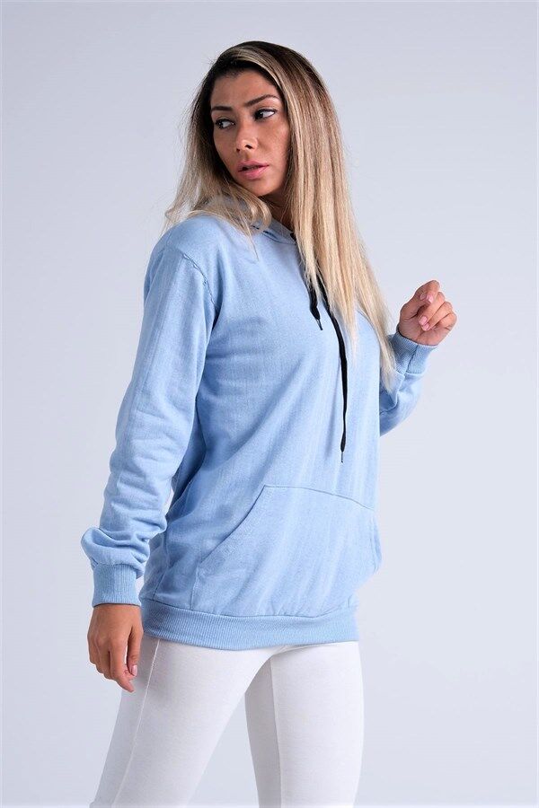Mavi Kapüşonlu Kanguru Cepli Şardonlu Sweatshirt