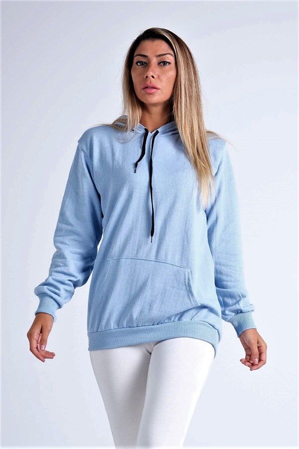 Mavi Kapüşonlu Kanguru Cepli Şardonlu Sweatshirt