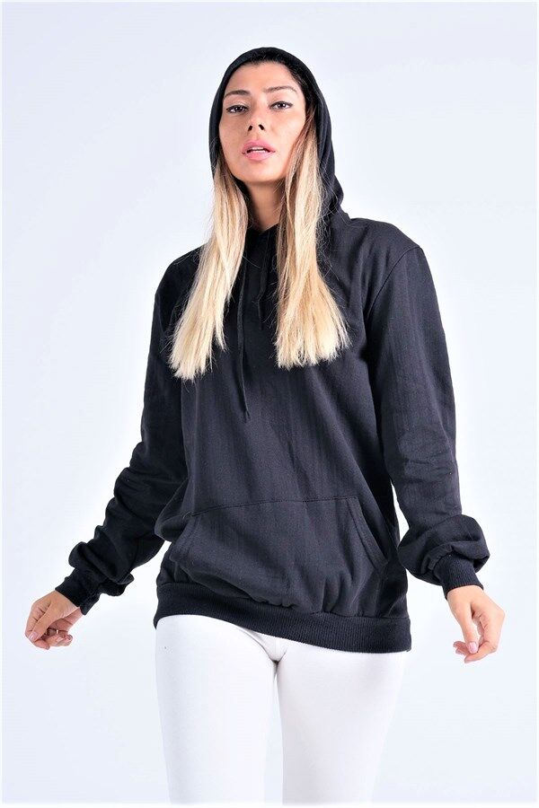 Siyah Kapüşonlu Kanguru Cepli Şardonlu Sweatshirt