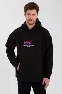 Erkek 3 İplik Pamuklu Kapüşonlu Baskılı Cepli Oversize Sweatshirt Hoodie - Siyah