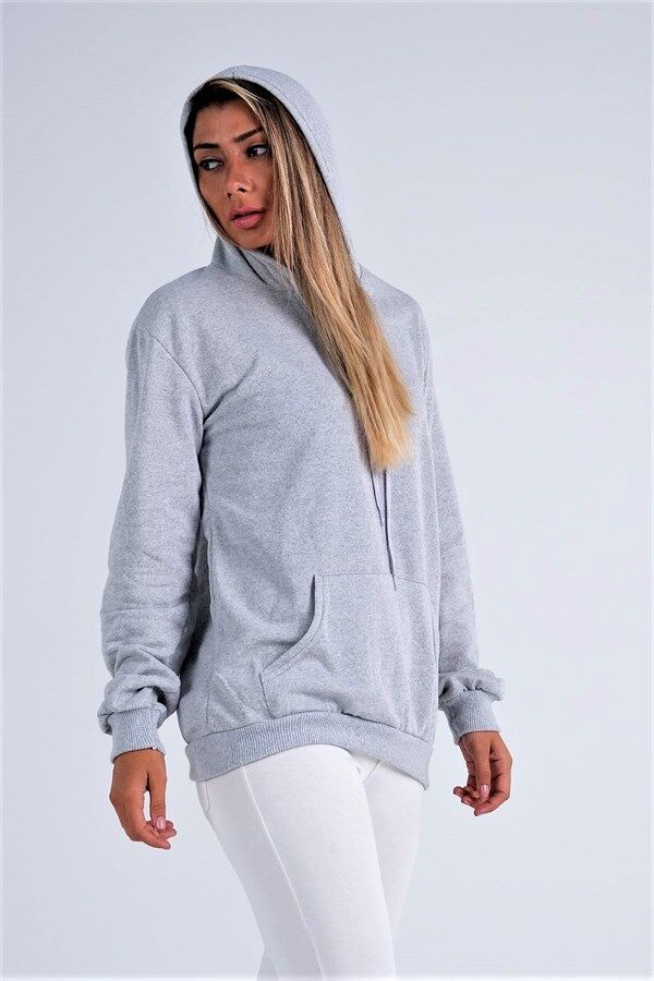 Gri Kapüşonlu Kanguru Cepli Şardonlu Sweatshirt