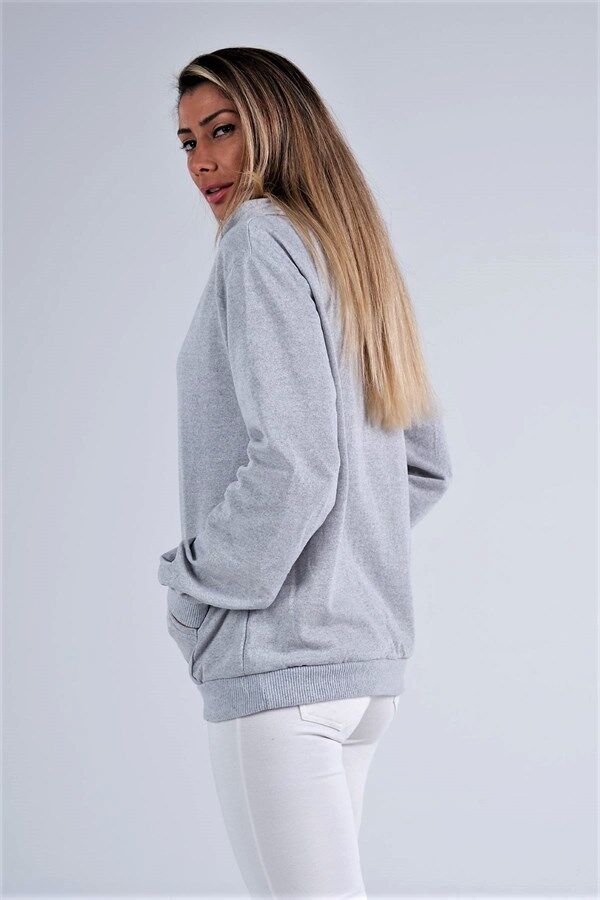 Gri Kapüşonlu Kanguru Cepli Şardonlu Sweatshirt