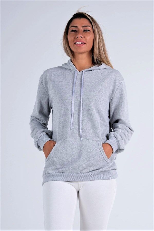 Gri Kapüşonlu Kanguru Cepli Şardonlu Sweatshirt