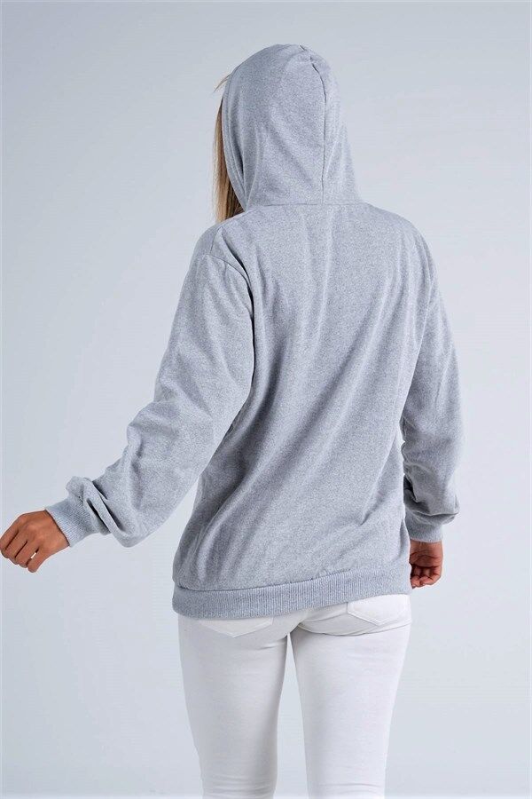 Gri Kapüşonlu Kanguru Cepli Şardonlu Sweatshirt
