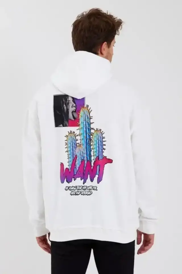 Erkek 3 İplik Pamuklu Kapüşonlu Baskılı Cepli Oversize Sweatshirt Hoodie - Beyaz