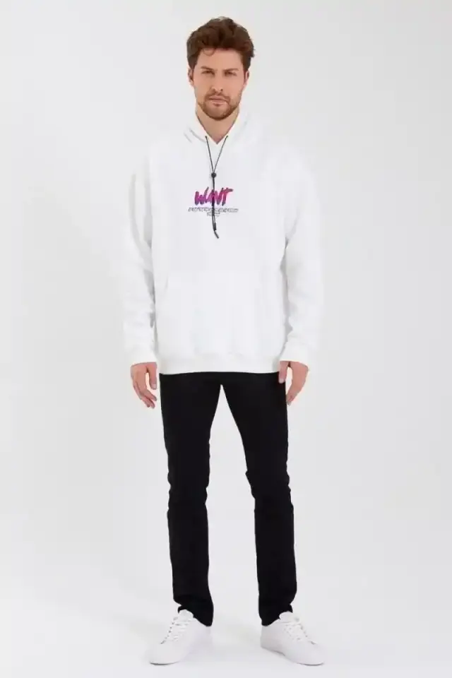 Erkek 3 İplik Pamuklu Kapüşonlu Baskılı Cepli Oversize Sweatshirt Hoodie - Beyaz