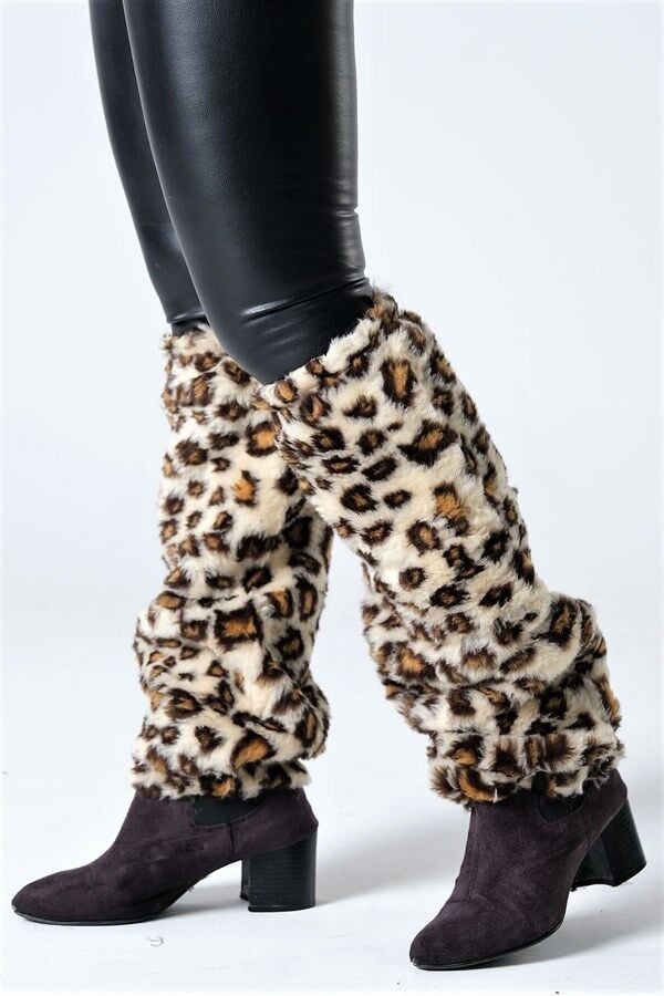 Leopar Desenli Peluş Tozluk