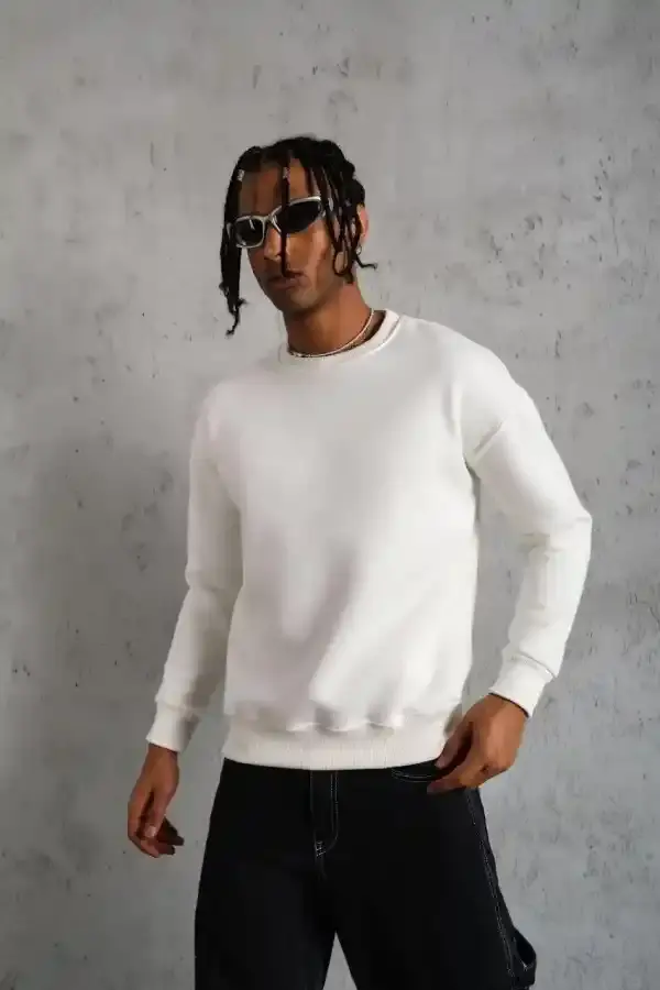 Erkek Düz Bisiklet Yaka 3 iplik pamuklu Sweatshirt - Beyaz