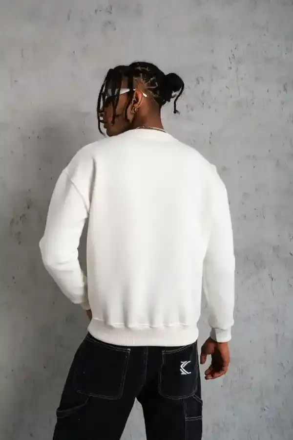 Erkek Düz Bisiklet Yaka 3 iplik pamuklu Sweatshirt - Beyaz