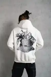 Erkek 3 İplik Pamuklu Kapüşonlu Baskılı Cepli Oversize Sweatshirt Hoodie - Beyaz