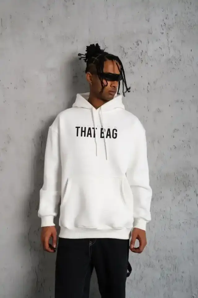 Erkek 3 İplik Pamuklu Kapüşonlu Baskılı Cepli Oversize Sweatshirt Hoodie - Beyaz