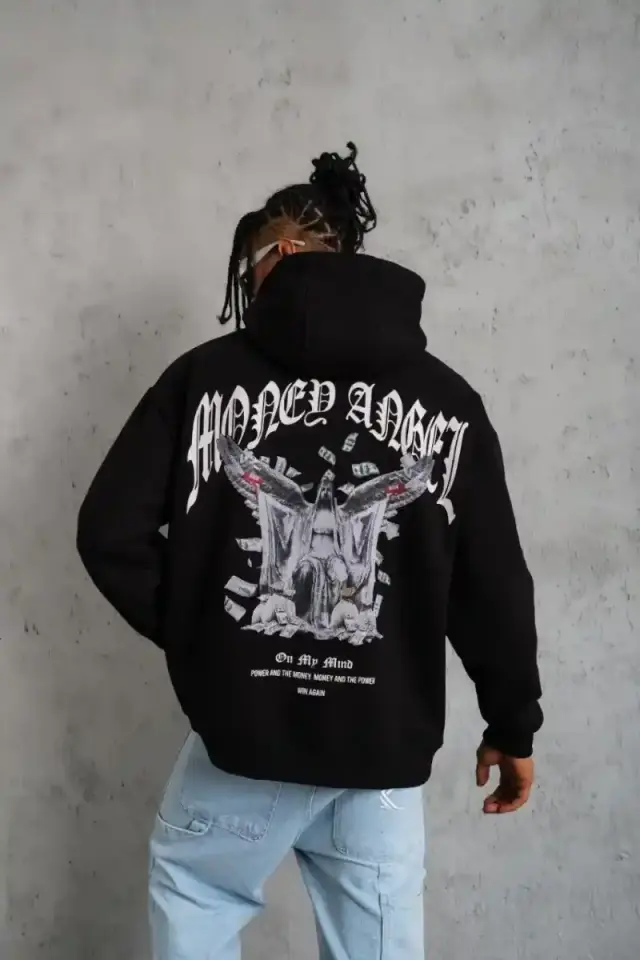 Erkek 3 İplik Pamuklu Baskılı Kapüşonlu Cepli Sweatshirt Hoodie - Siyah