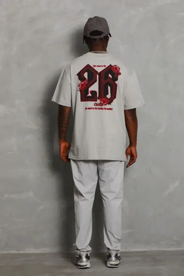 ERKEK Oversize Baskılı Bisiklet Yaka T-Shirt - Gri