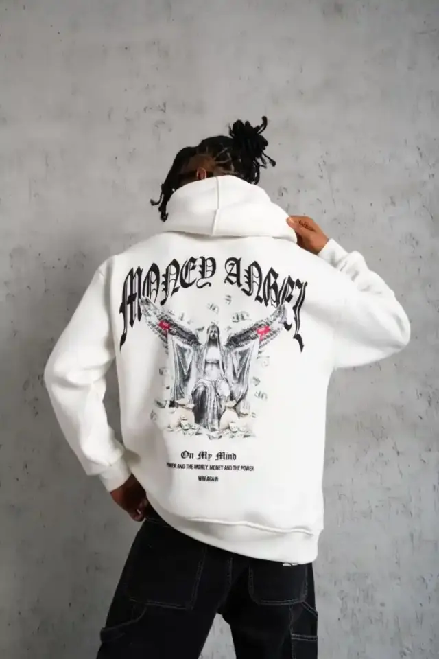Erkek 3 İplik Pamuklu Baskılı Kapüşonlu Cepli Sweatshirt Hoodie - Beyaz