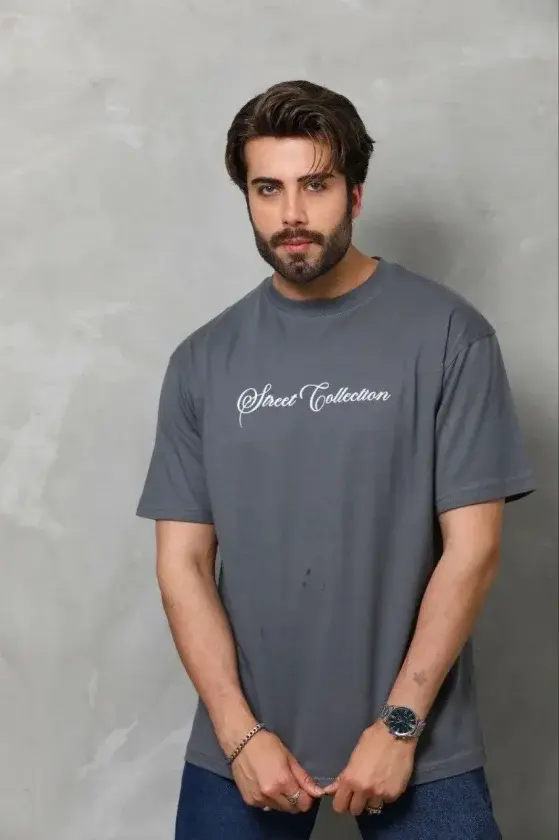 Erkek Baskılı T-Shirt Kısa Kol Bisiklet Yaka Regular Fit Rahat Kalıp Günlük Tişört - Füme