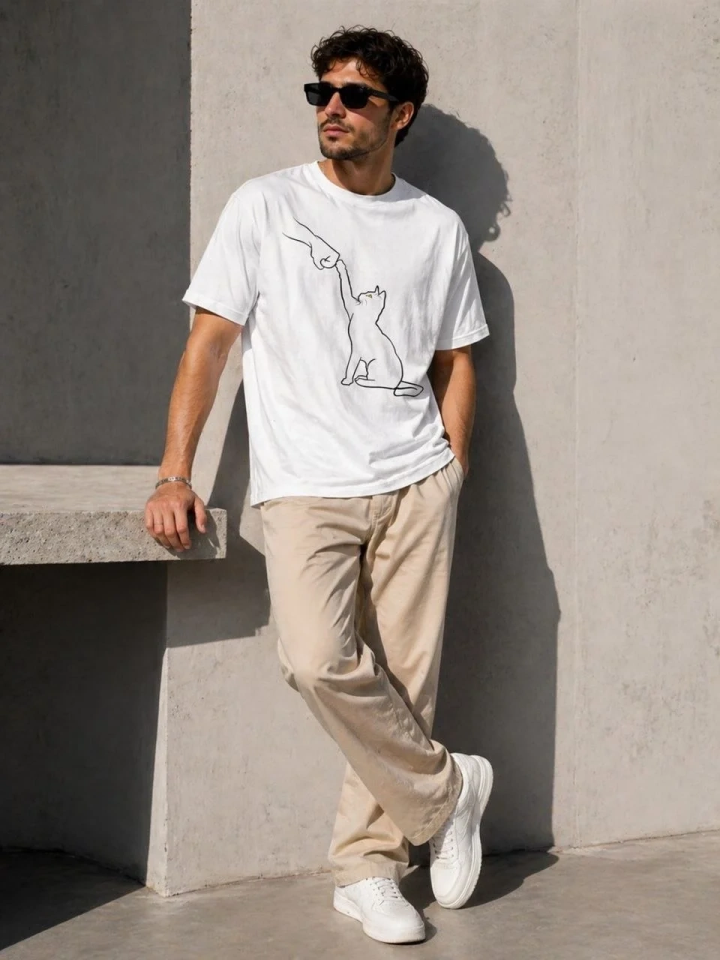 Erkek Minimal Kedi Çizim Baskılı Tişört Kısa Kol Yazlık T-Shirt - Beyaz