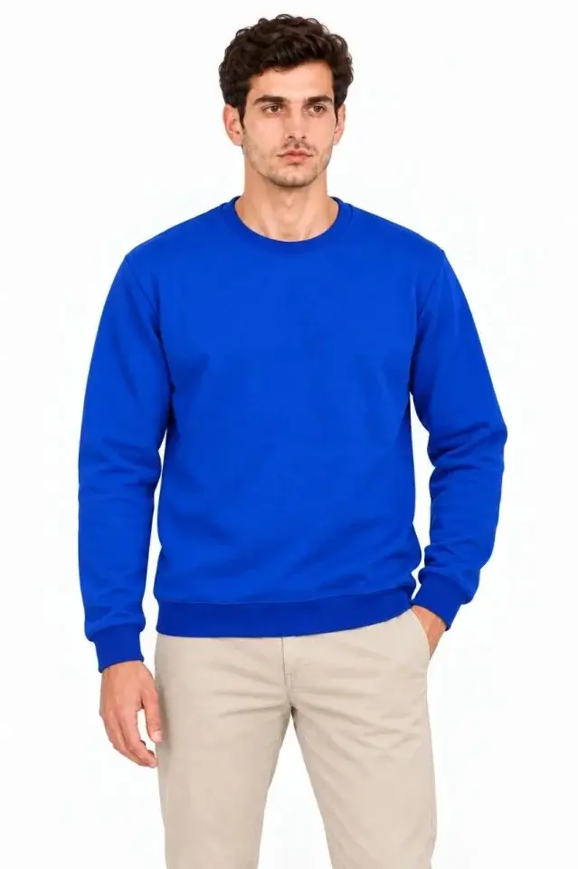 Erkek 3Lü Bisiklet Yaka İçi Şardonlu 2 İplik Düz Uzun Kollu Regular Fit Sweatshirt -Mavi - Gri - Siyah