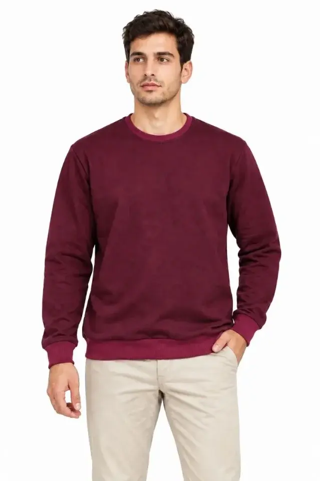 Erkek 3Lü Bisiklet Yaka İçi Şardonlu 2 İplik Düz Uzun Kollu Regular Fit Sweatshirt -Bordo - Gri - Kırmızı