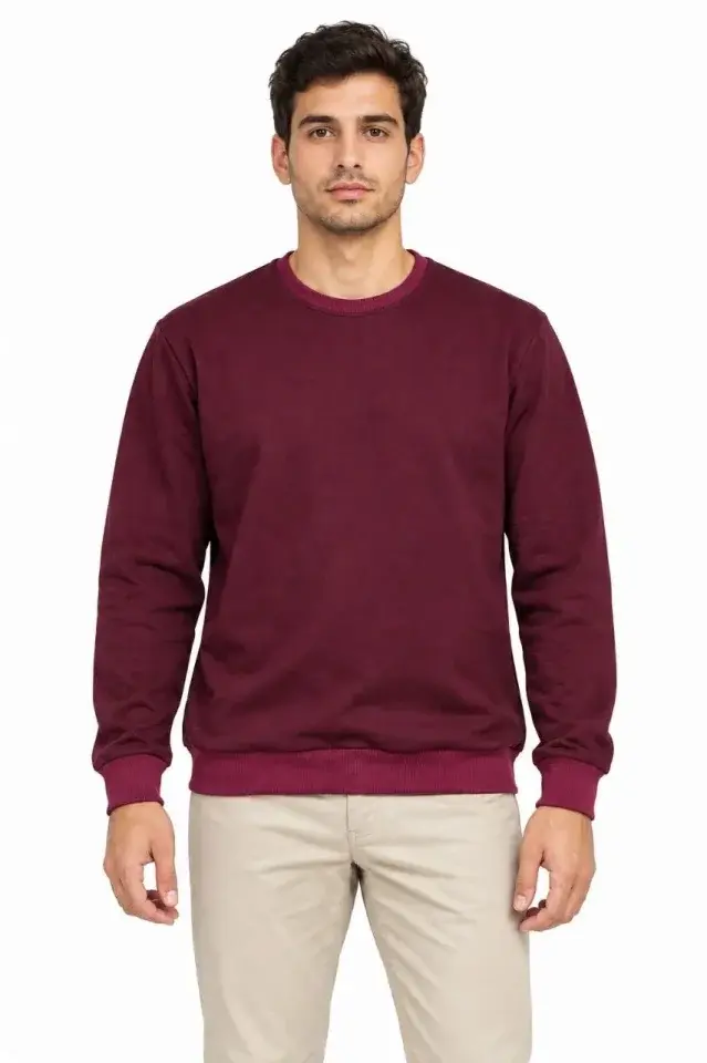 Erkek 3Lü Bisiklet Yaka İçi Şardonlu 2 İplik Düz Uzun Kollu Regular Fit Sweatshirt -Bordo - Gri - Kırmızı