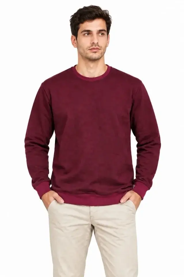 Erkek 3Lü Bisiklet Yaka İçi Şardonlu 2 İplik Düz Uzun Kollu Regular Fit Sweatshirt -Bordo - Gri - Kırmızı