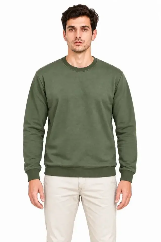 Erkek 3Lü Bisiklet Yaka İçi Şardonlu 2 İplik Düz Uzun Kollu Regular Fit Sweatshirt - Haki - Kahverengi - Mavi