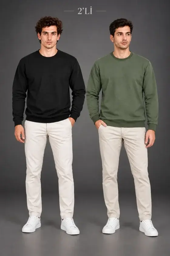 Erkek 2Li Bisiklet Yaka İçi Şardonlu 2 İplik Düz Uzun Kollu Regular Fit Sweatshirt - Siyah - Haki
