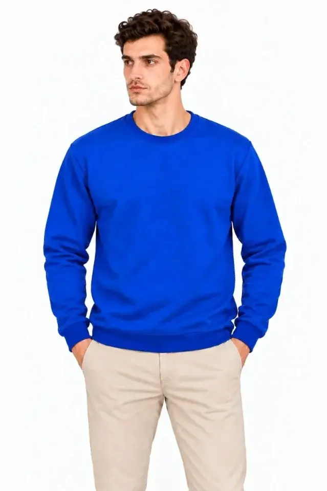 Erkek 2Li Bisiklet Yaka İçi Şardonlu 2 İplik Düz Uzun Kollu Regular Fit Sweatshirt - Mavi - Kırmızı