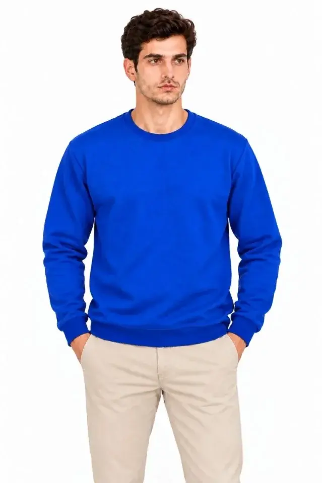 Erkek 2Li Bisiklet Yaka İçi Şardonlu 2 İplik Düz Uzun Kollu Regular Fit Sweatshirt - Mavi - Kırmızı