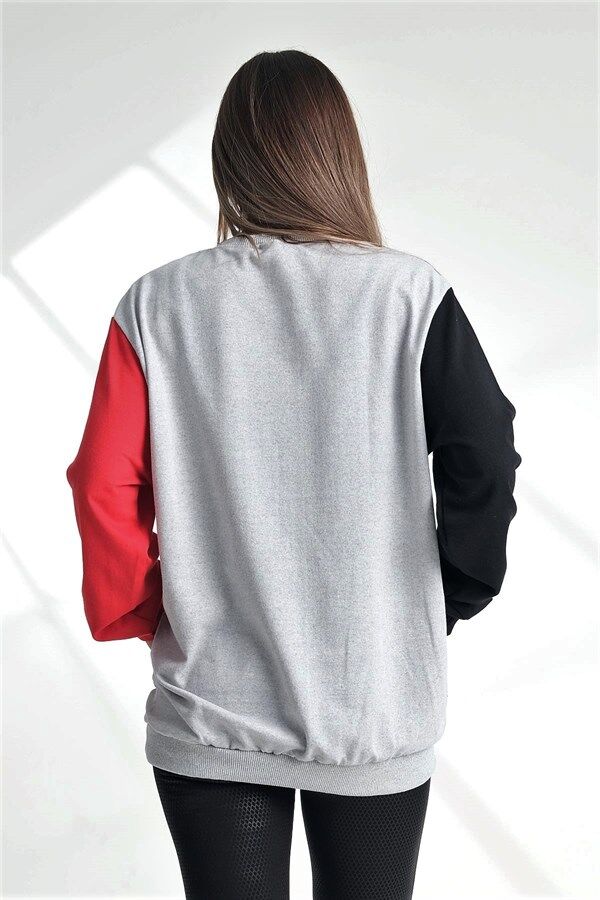 Gri Kolları Garnili Kanguru Cepli Sweatshirt