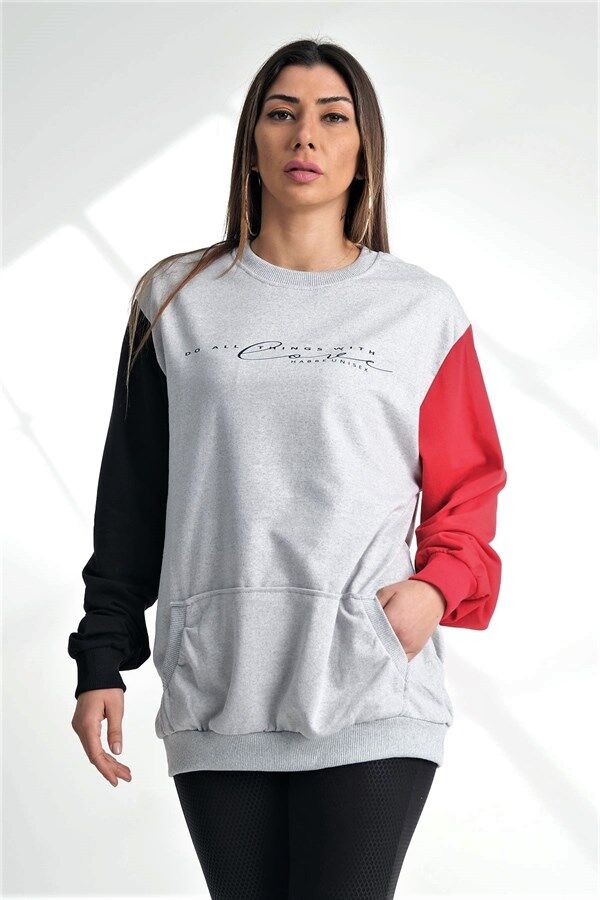 Gri Kolları Garnili Kanguru Cepli Sweatshirt