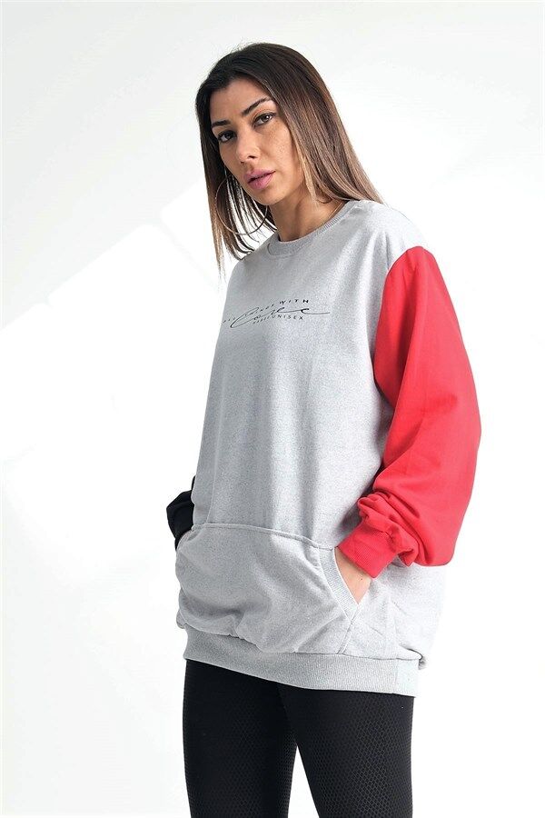 Gri Kolları Garnili Kanguru Cepli Sweatshirt