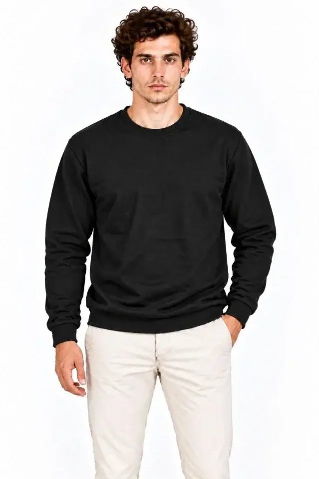 Erkek 2Li Bisiklet Yaka İçi Şardonlu 2 İplik Düz Uzun Kollu Regular Fit Sweatshirt - Siyah - Gri
